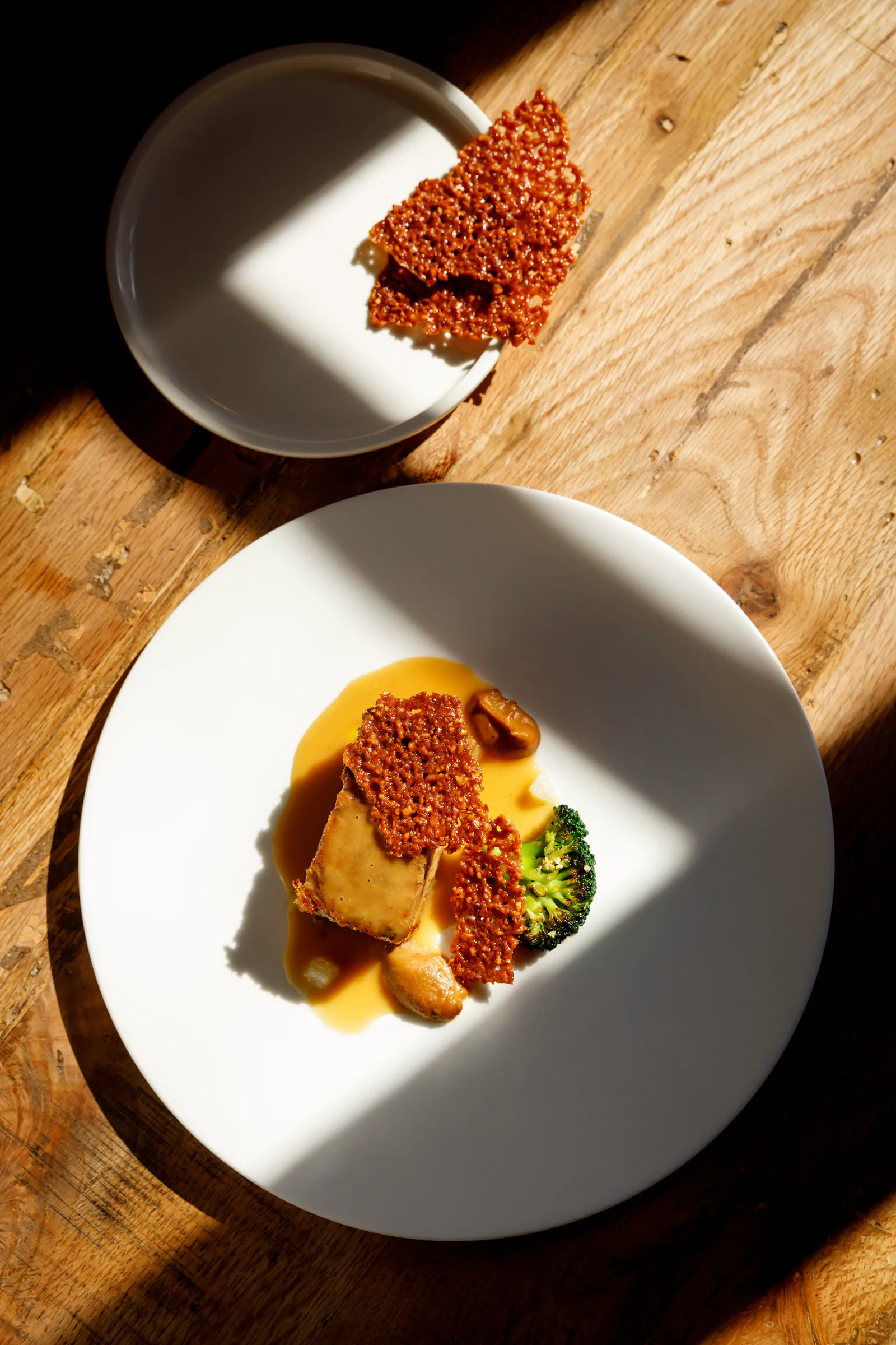Plated course with a crisp tuile and sauce in dramatic light - UNE, Capodacqua, Italy