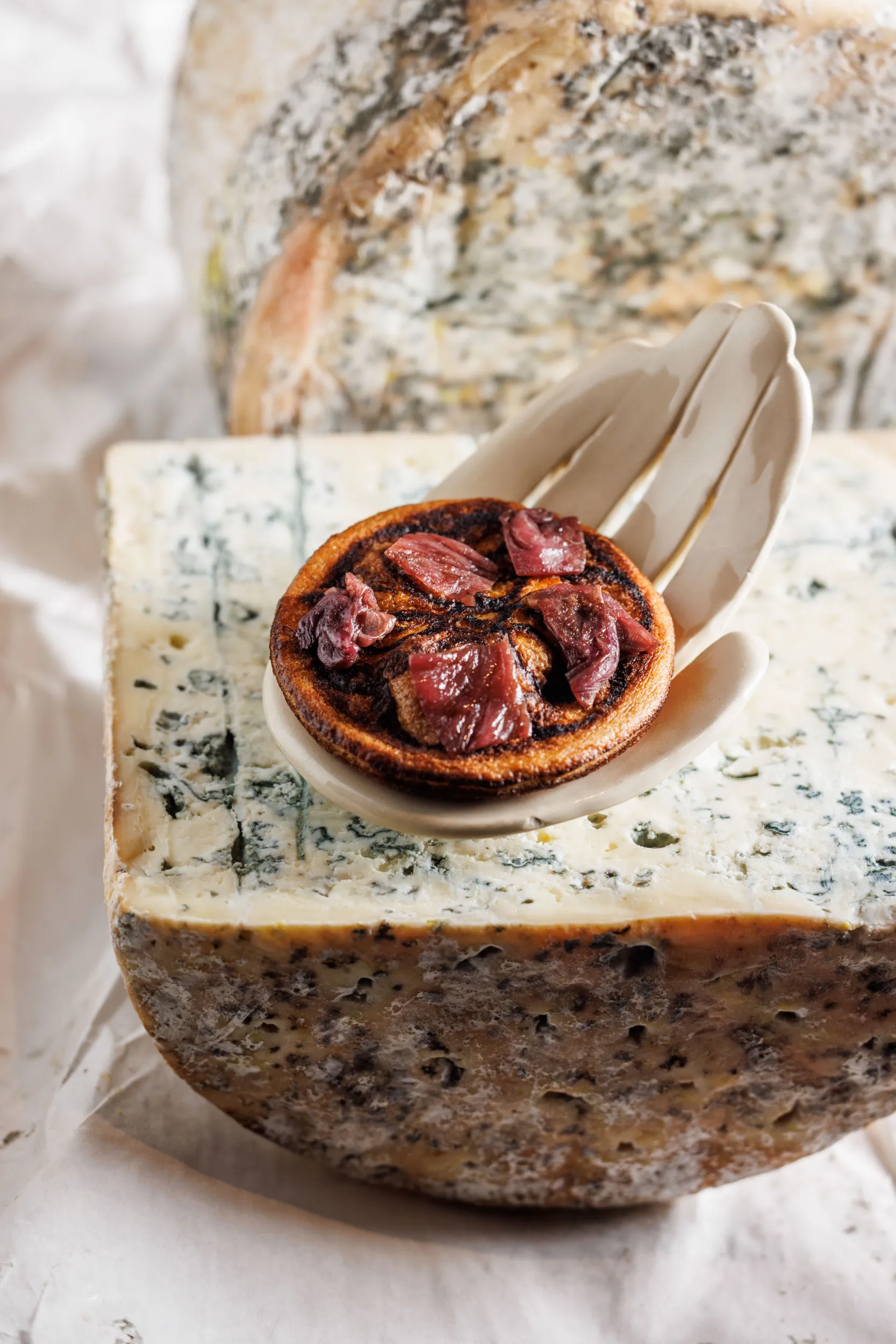 Tartlet resting on a blue-cheese wheel - UNE, Capodacqua, Italy