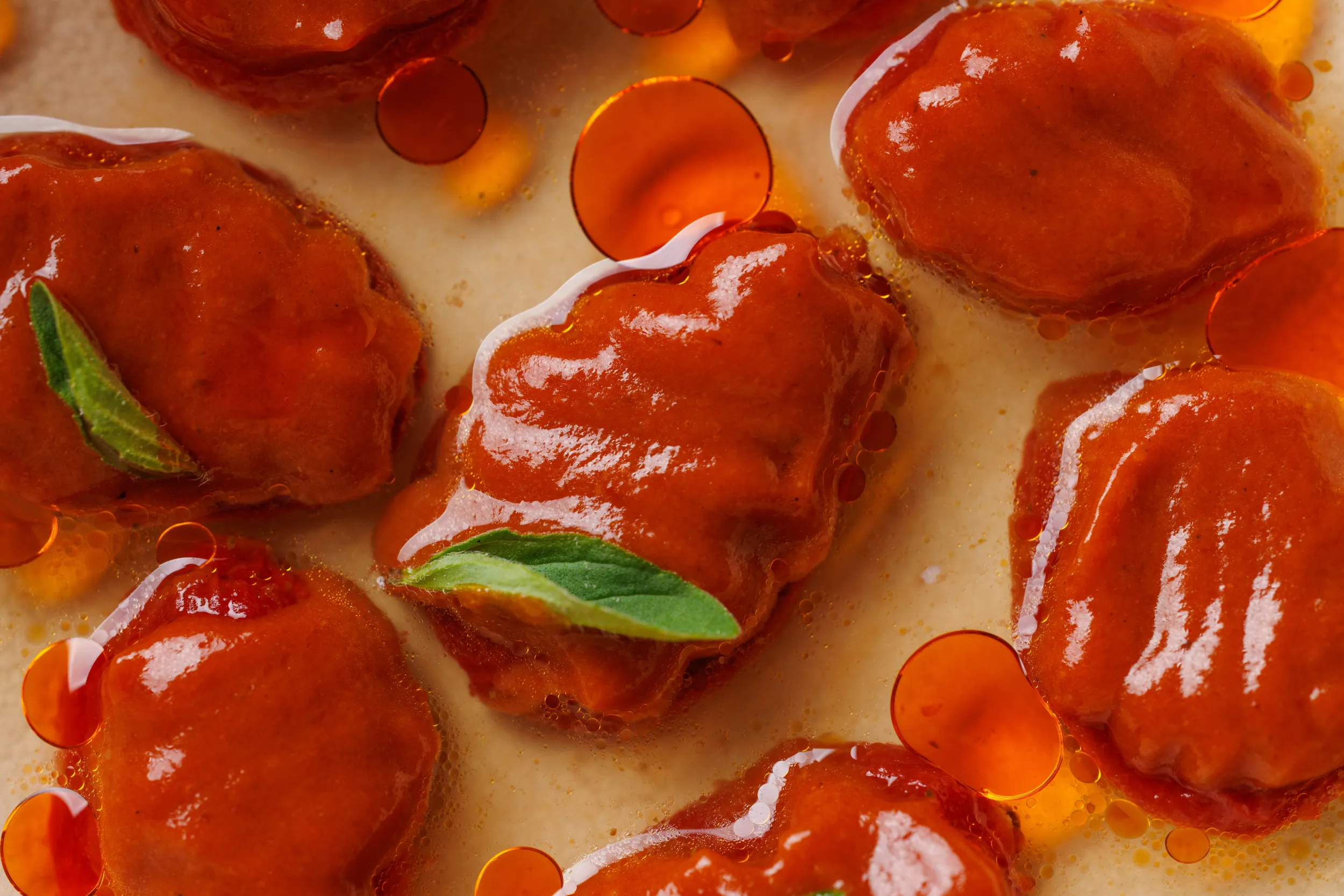 Close-up of potato gnocchi in tomato sauce with basil - Sintesi, Ariccia, Italy