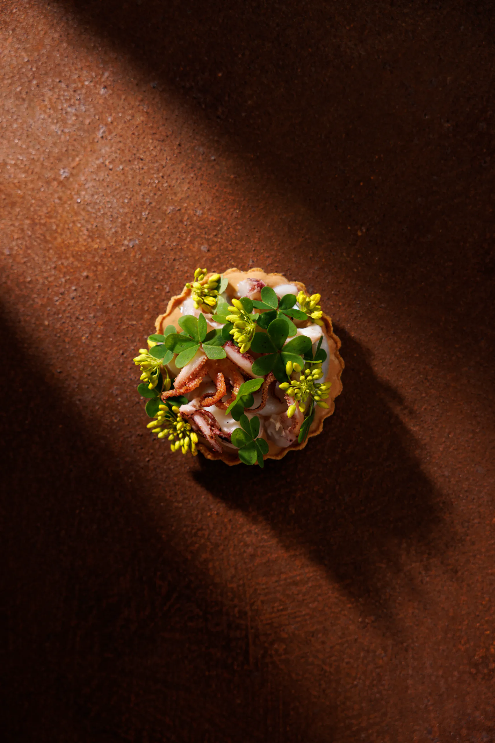 Vegetable-and-flower tartlet on a brown surface - Sintesi, Ariccia, Italy